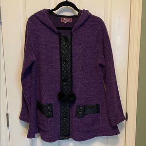 Purple Tunic Hooded cardigan size M-L with black faux leather accents